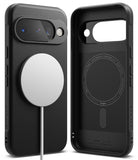 Google Pixel 10 Case | Onyx Magnetic - Black textured phone case with a white magnetic charger attached to the back.