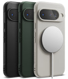 Google Pixel 10 Case | Onyx Magnetic - Three textured phone cases in black, green, and beige with a magnetic charger attached.