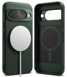 Google Pixel 10 Case | Onyx Magnetic - Dark green phone case shown from back with magnetic charger and interior view.