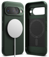Google Pixel 10 Case | Onyx Magnetic - Dark green phone case shown from back with magnetic charger and interior view.