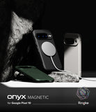 Google Pixel 10 Case | Onyx Magnetic - Three Onyx magnetic cases for Google Pixel 10 displayed on rocks with a charger.