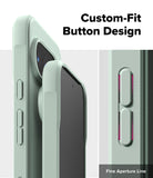 Google Pixel 10 Case | Onyx - Close-up of a mint green phone case highlighting custom-fit buttons and fine aperture line details.