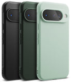 Google Pixel 10 Case | Onyx - Three Google Pixel 10 cases in black, dark green, and light green standing side-by-side.