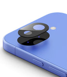 Google Pixel 10a | Camera Glass - A black glass lens protector hovering above the camera module of a blue smartphone.