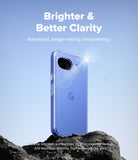 Google Pixel 10a Case | Fusion - Clear phone case on a rock against a blue sky with text highlighting long-lasting clarity.