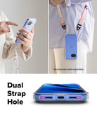 Google Pixel 10a Case | Fusion - Clear phone case with dual strap holes, shown worn with a lanyard and held by hand.