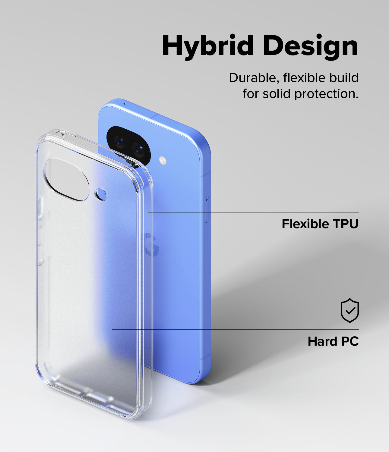 Google Pixel 10a Case | Fusion Matte - Clear hybrid phone case with flexible TPU edges and a hard PC back next to a blue phone.