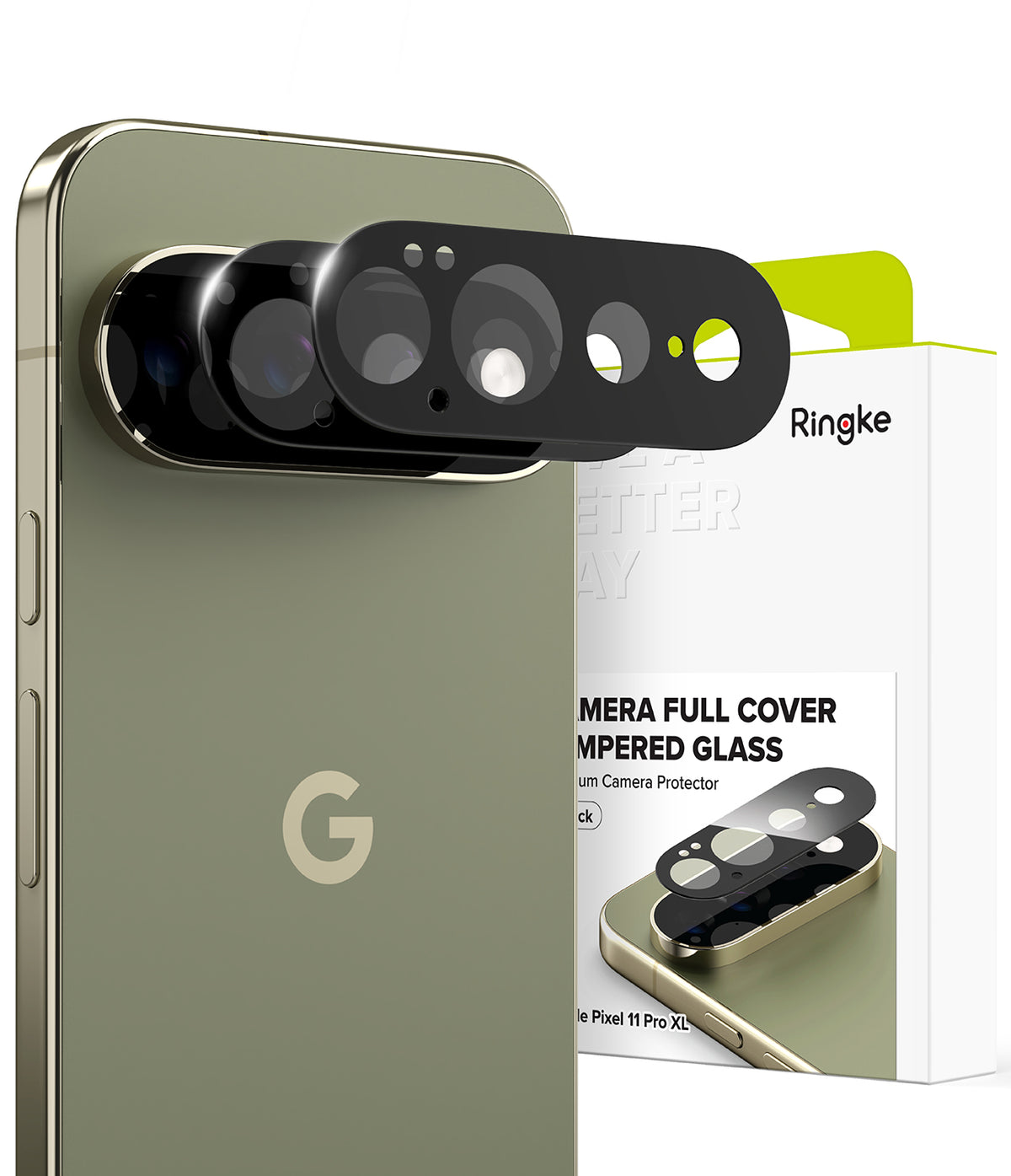 Pixel 11 Pro XL Camera Protector | Camera Full Cover Tempered Glass (2 Pack) - Ringke camera full cover tempered glass protector set shown installed on a smartphone, with the product packaging box visible behind it on a white background.