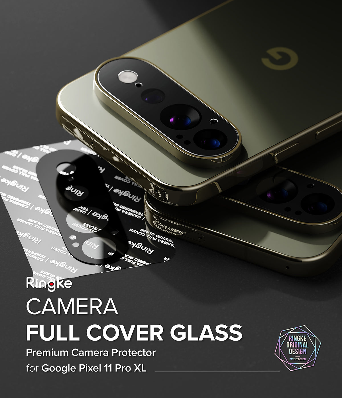 Pixel 11 Pro XL Camera Protector | Camera Full Cover Tempered Glass (2 Pack) - Ringke Camera Full Cover Glass premium protector shown applied to a gold-toned Google Pixel 11 Pro XL smartphone, with the black protector film and its packaging visible on a dark reflective surface. Text on the image reads 'Ringke CAMERA FULL COVER GLASS' and 'for Google Pixel 11 Pro XL'.