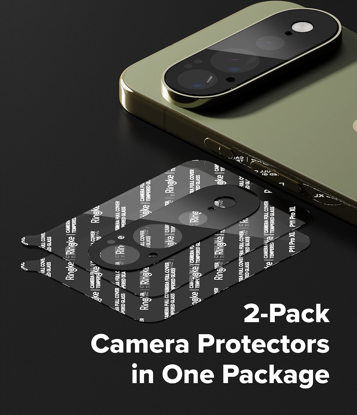 Pixel 11 Pro XL Camera Protector | Camera Full Cover Tempered Glass (2 Pack) - Two-pack of black camera lens protectors with white protective tape, displayed next to a gold smartphone on a dark background with the text '2-Pack Camera Protectors in One Package'.