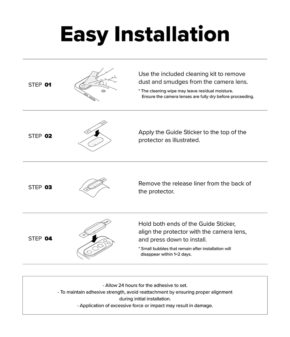 Pixel 11 Pro XL Camera Protector | Camera Full Cover Tempered Glass (2 Pack) - Step-by-step guide for easy installation of a camera lens protector with illustrations and text.
