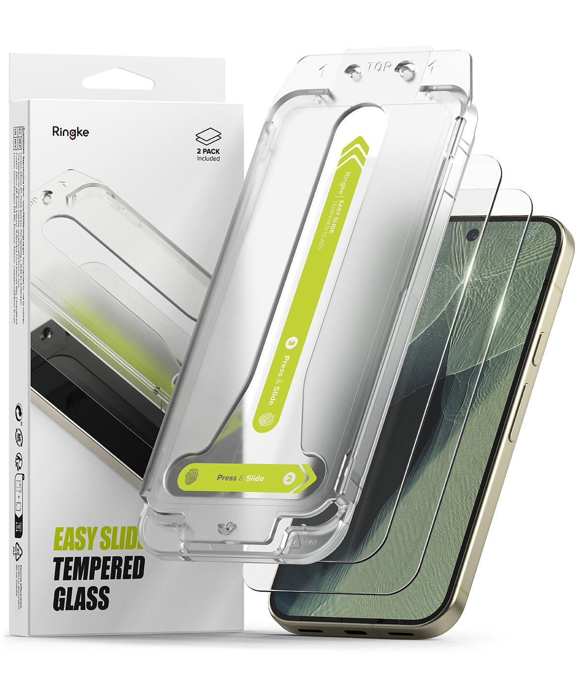 Pixel 11 Pro XL Screen Protector | Easy Slide Tempered Glass (2 Pack) - Two clear tempered glass screen protectors with bright green alignment strips are shown in front of their white Ringke retail box, with a smartphone partially visible behind them on a white background.