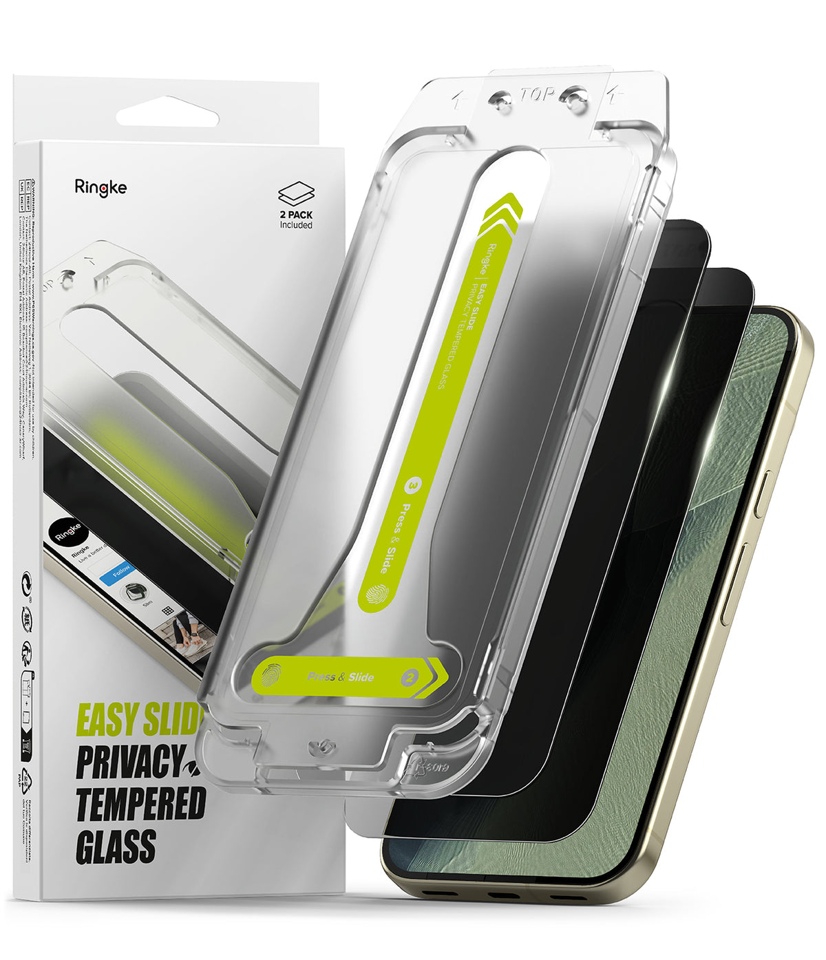 Pixel 11 Pro XL Screen Protector | Easy Slide Privacy Tempered Glass (2 Pack) - Ringke privacy tempered glass screen protectors shown in a clear case with two black phones behind them, alongside the product packaging box.