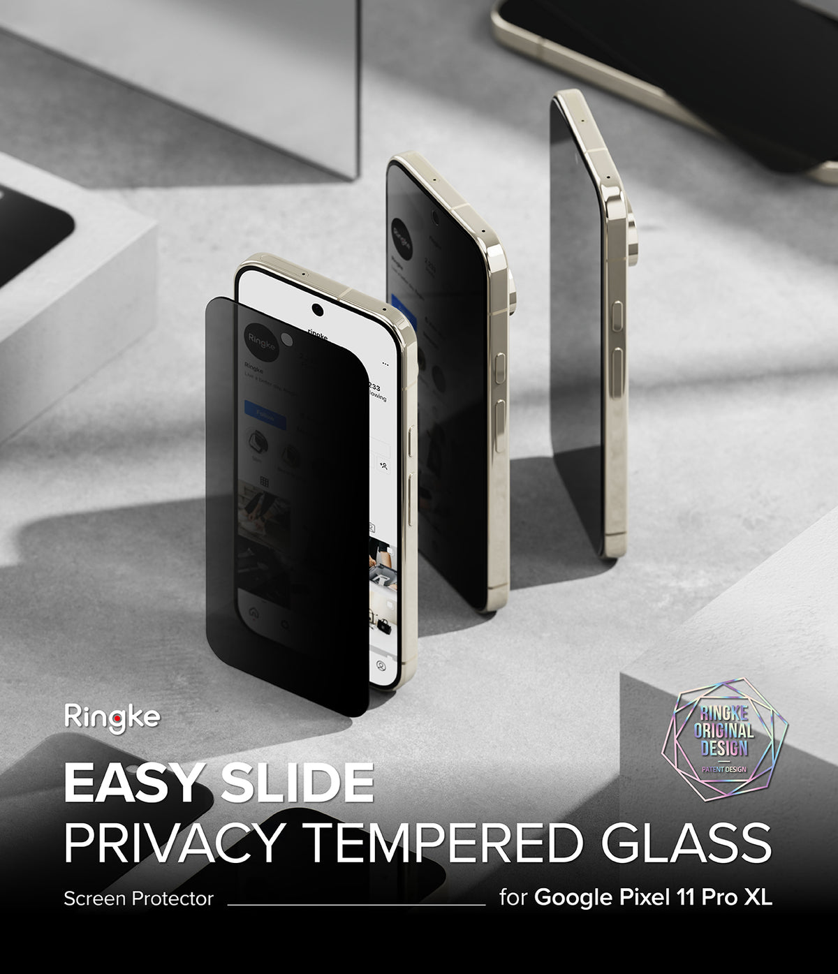 Pixel 11 Pro XL Screen Protector | Easy Slide Privacy Tempered Glass (2 Pack) - Ringke Easy Slide Privacy Tempered Glass screen protector shown on three smartphone mockups, demonstrating the slide-on design, on a gray geometric background with text overlays.