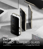 Pixel 11 Pro XL Screen Protector | Easy Slide Privacy Tempered Glass (2 Pack) - Ringke Easy Slide Privacy Tempered Glass screen protector shown on three smartphone mockups, demonstrating the slide-on design, on a gray geometric background with text overlays.