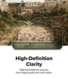 Pixel 11 Pro XL Screen Protector | Easy Slide Privacy Tempered Glass (2 Pack) - A smartphone frame is shown over a beach scene with people, with text below reading 'High-Definition Clarity' and 'High transmittance ensures true image quality and vivid colors.'.