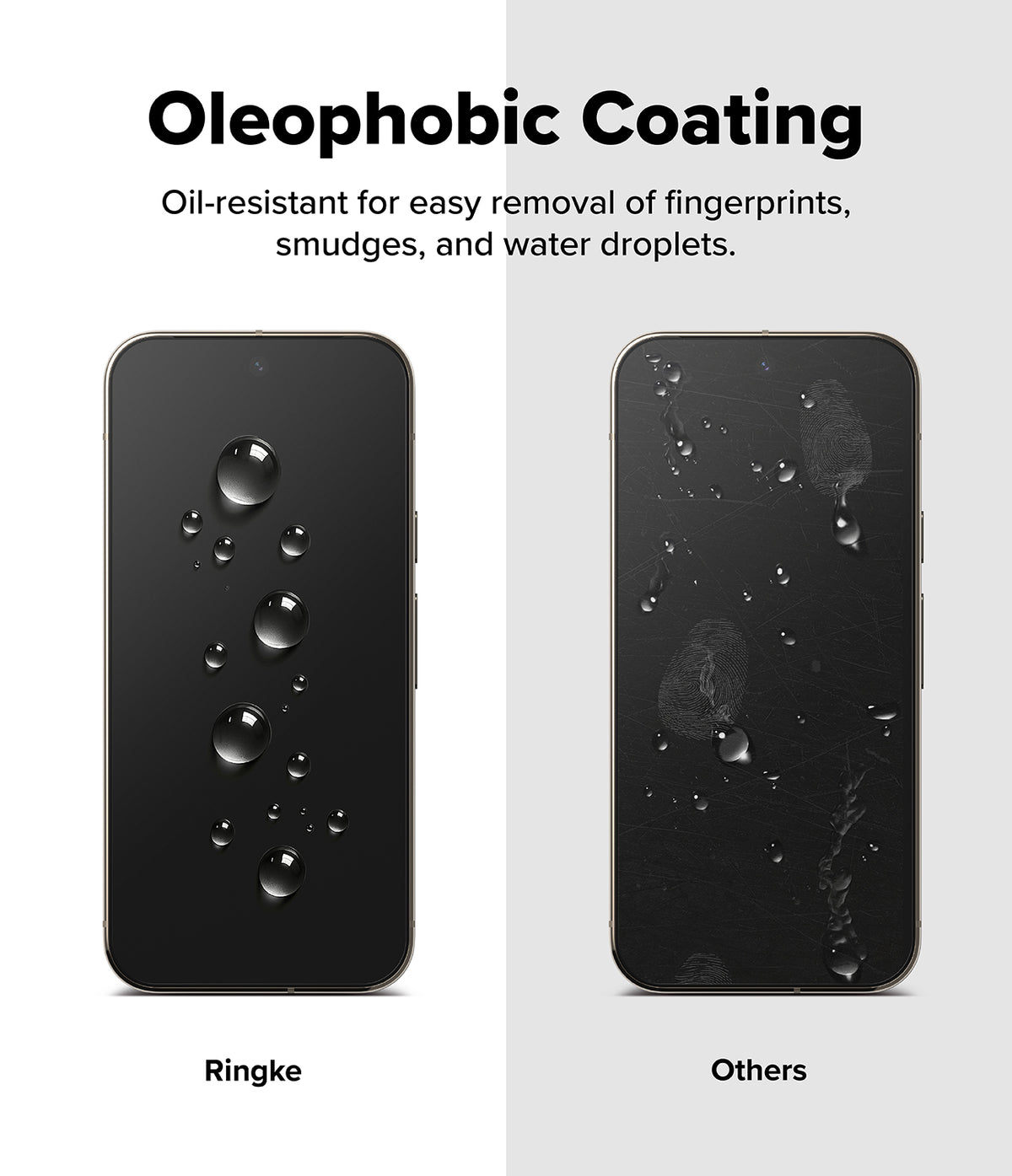 Pixel 11 Pro XL Screen Protector | Easy Slide Privacy Tempered Glass (2 Pack) - Comparison graphic showing two black smartphone screens with water droplets and fingerprint marks. The left phone is labeled 'Ringke' and appears dry and coated, while the right phone is labeled 'Others' and visibly wet with fingerprints and smudges.