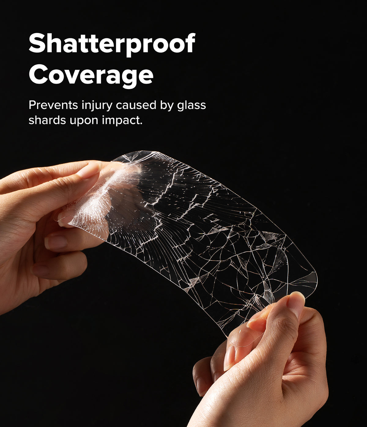 Pixel 11 Pro XL Screen Protector | Easy Slide Privacy Tempered Glass (2 Pack) - Hands holding a transparent shatterproof cover with a cracked glass effect on a black background.
