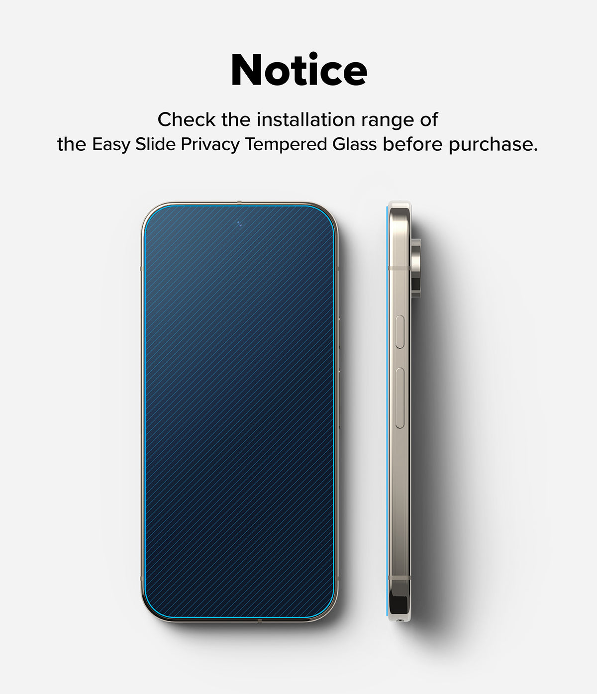 Pixel 11 Pro XL Screen Protector | Easy Slide Privacy Tempered Glass (2 Pack) - A phone screen privacy film shown on a smartphone, with a front view and side profile on a light gray background. Text at the top reads: 'Notice Check the installation range of the Easy Slide Privacy Tempered Glass before purchase.