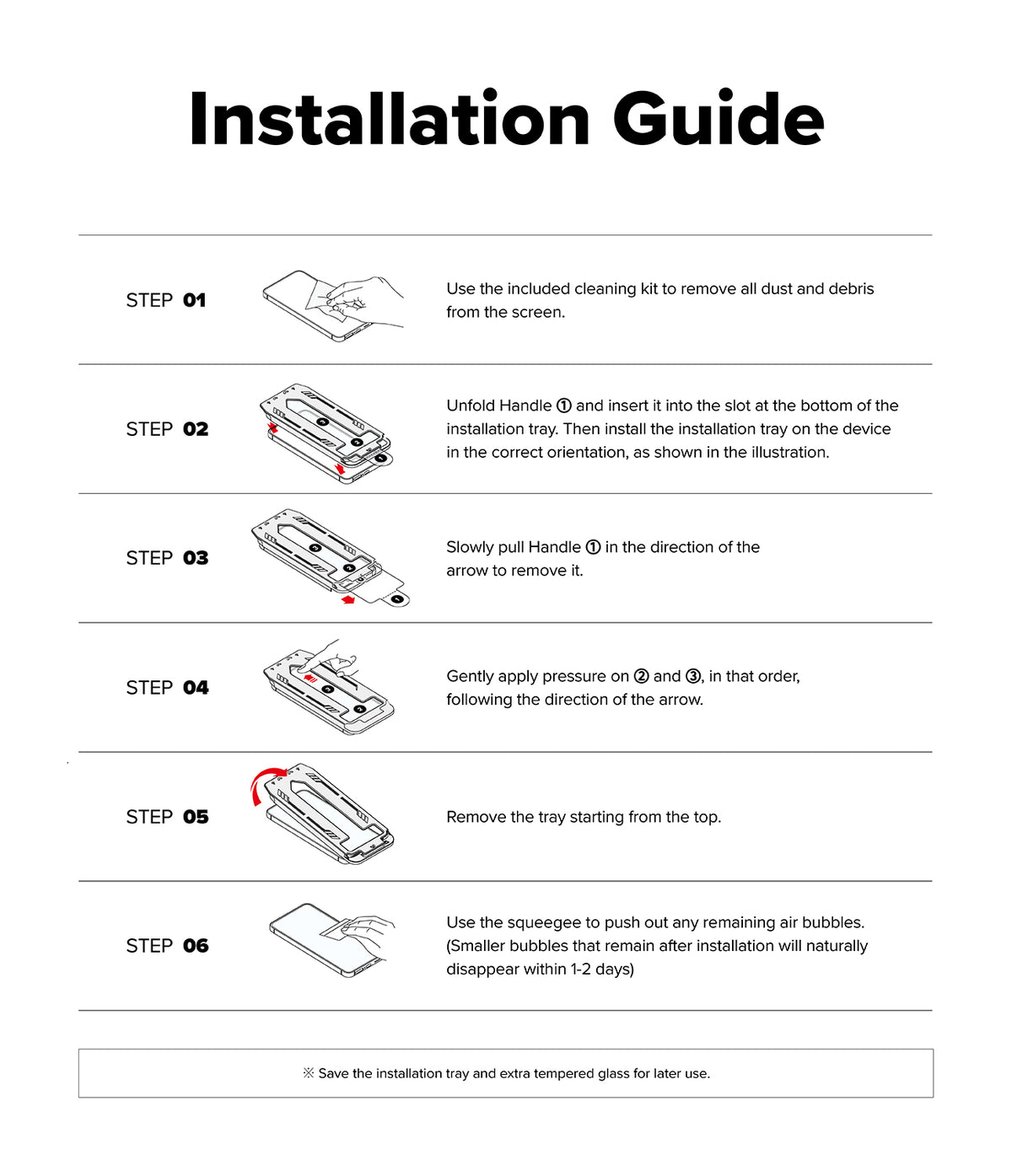 Pixel 11 Pro XL Screen Protector | Easy Slide Privacy Tempered Glass (2 Pack) - An installation guide sheet with six numbered steps showing how to unfold a handle, insert an installation tray into a device slot, apply pressure, remove the tray, and use a squeegee to push out air bubbles. The sheet has a white background with black text and small colored line drawings.