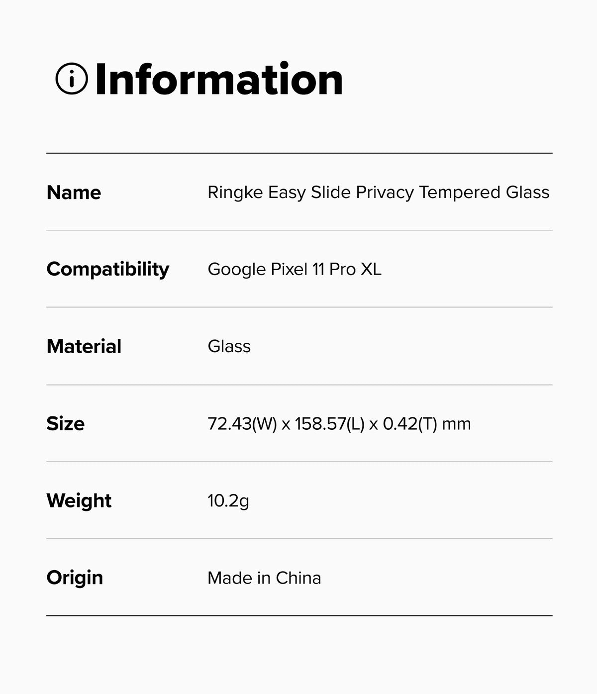 Pixel 11 Pro XL Screen Protector | Easy Slide Privacy Tempered Glass (2 Pack) - A white information card with black text listing product details for a Ringke Easy Slide Privacy Tempered Glass privacy filter for Google Pixel 11 Pro XL, including dimensions, weight, and origin.