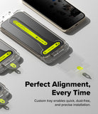 Pixel 11 Pro XL Screen Protector | Easy Slide Privacy Tempered Glass (2 Pack) - Clear protective phone case with bright yellow alignment guides and a matching screen protector, shown installed on a smartphone with additional case views and installation text on a light gray background.