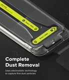 Pixel 11 Pro XL Screen Protector | Easy Slide Privacy Tempered Glass (2 Pack) - Close-up of a transparent protective phone case with bright yellow instructional labels showing how to remove dust, plus text reading 'Complete Dust Removal' on a dark background.