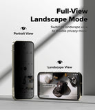 Pixel 11 Pro XL Screen Protector | Easy Slide Privacy Tempered Glass (2 Pack) - A promotional graphic showing two smartphones on a light gray surface with text labels for Portrait View and Landscape View, plus the headline 'Full-View Landscape Mode' and the note 'Switch to landscape view to disable privacy mode.' The right phone is shown in landscape orientation with a video playing on its screen.