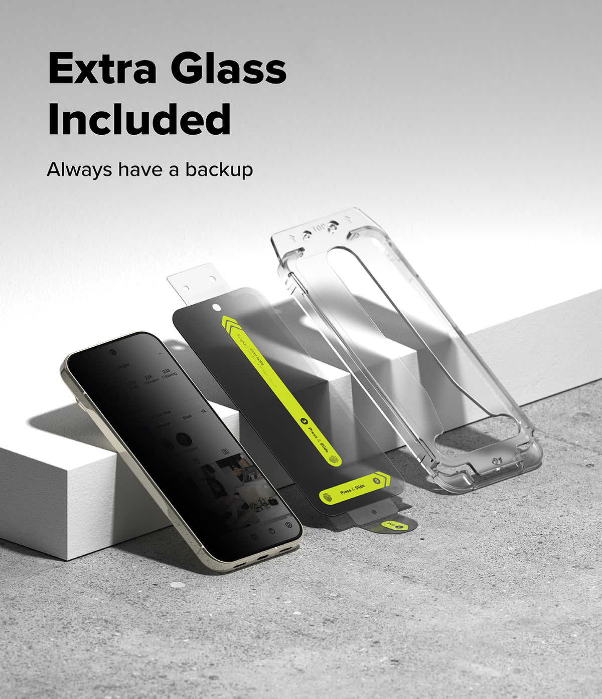 Pixel 11 Pro XL Screen Protector | Easy Slide Privacy Tempered Glass (2 Pack) - A clear phone case and a black screen protector are shown with a smartphone on a light gray surface, with text reading 'Extra Glass Included' and 'Always have a backup'.