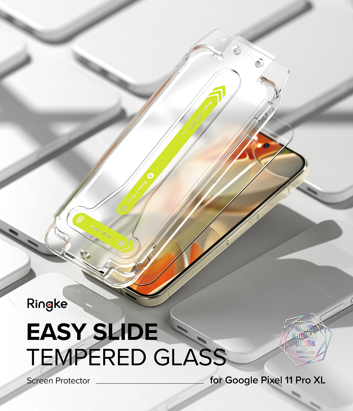 Pixel 11 Pro XL Screen Protector | Easy Slide Tempered Glass (2 Pack) - Ringke Easy Slide Tempered Glass screen protector shown over a smartphone case on a white keyboard background, with text indicating compatibility with Google Pixel 11 Pro XL.