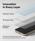 Pixel 11 Pro XL Screen Protector | Easy Slide Tempered Glass (2 Pack) - Promotional graphic for a smartphone screen protector showing three layered protective materials above a phone: oleophobic coating, 9H tempered glass, and shatterproof protection, with the text 'Innovation in Every Layer' and 'Advanced multi-layered design shields your device from impacts, scratches, and debris.'.