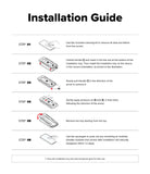 Pixel 11 Pro XL Screen Protector | Easy Slide Tempered Glass (2 Pack) - An installation guide sheet with six numbered steps showing how to unfold a handle, insert an installation tray into a device slot, apply pressure, remove the tray, and use a squeegee to push out air bubbles. The sheet has a white background with black text and small colored line drawings.