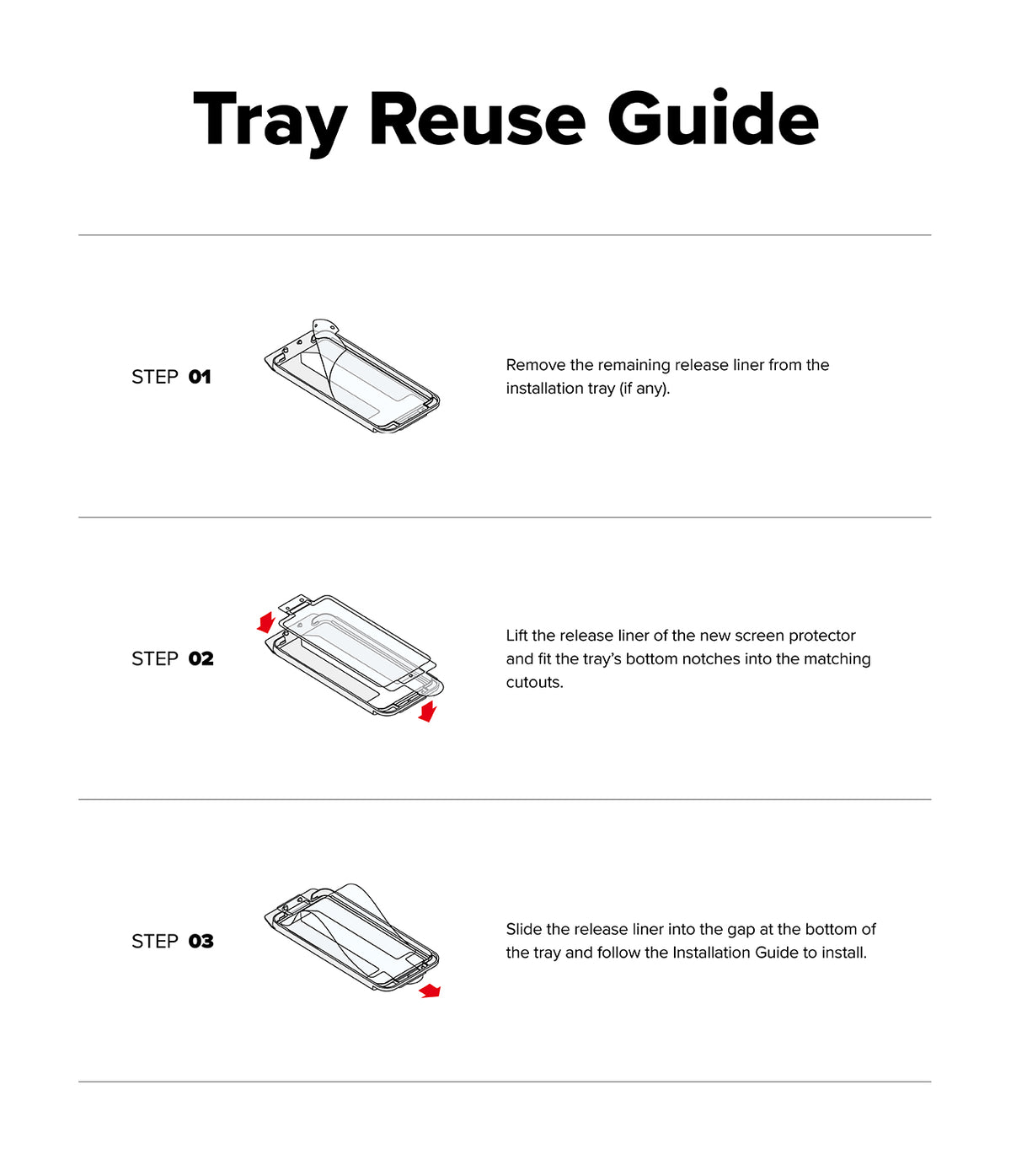 Pixel 11 Pro XL Screen Protector | Easy Slide Tempered Glass (2 Pack) - A Tray Reuse Guide diagram showing three steps: Step 01 removes the remaining release liner from an installation tray, Step 02 lifts the release liner of a new screen protector and fits it into the tray's notches, and Step 03 slides the liner into the tray gap for installation.