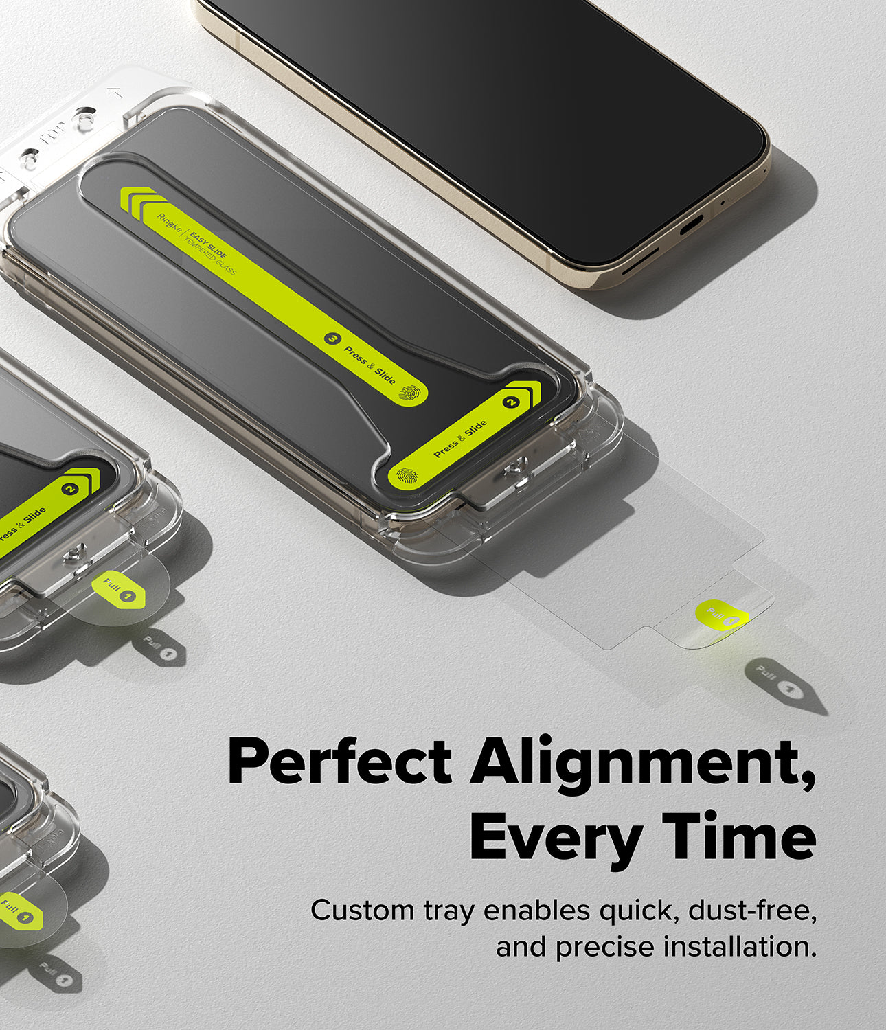 Pixel 11 Pro XL Screen Protector | Easy Slide Tempered Glass (2 Pack) - Transparent phone screen protector case shown installed on a smartphone, with a separate clear protector piece and adhesive elements visible. The image includes marketing text reading 'Perfect Alignment, Every Time' and 'Custom tray enables quick, dust-free, and precise installation.