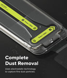 Pixel 11 Pro XL Screen Protector | Easy Slide Tempered Glass (2 Pack) - Close-up of a transparent protective phone case with bright yellow-green instructional labels showing how to slide off the case. Large text at the bottom reads 'Complete Dust Removal' with smaller descriptive copy about electrostatic technology.