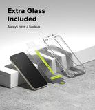 Pixel 11 Pro XL Screen Protector | Easy Slide Tempered Glass (2 Pack) - A clear phone case and two extra glass screen protectors are displayed on white blocks next to a black smartphone, with the text 'Extra Glass Included' and 'Always have a backup' in the upper left.