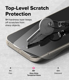 Pixel 11 Pro XL Screen Protector | Easy Slide Tempered Glass (2 Pack) - A smartphone with a clear tempered glass screen protector shown at an angle on a light gray surface, with a metal key resting on the screen to demonstrate scratch resistance. Large text reads 'Top-Level Scratch Protection' and smaller text explains the 9H hardness layer.