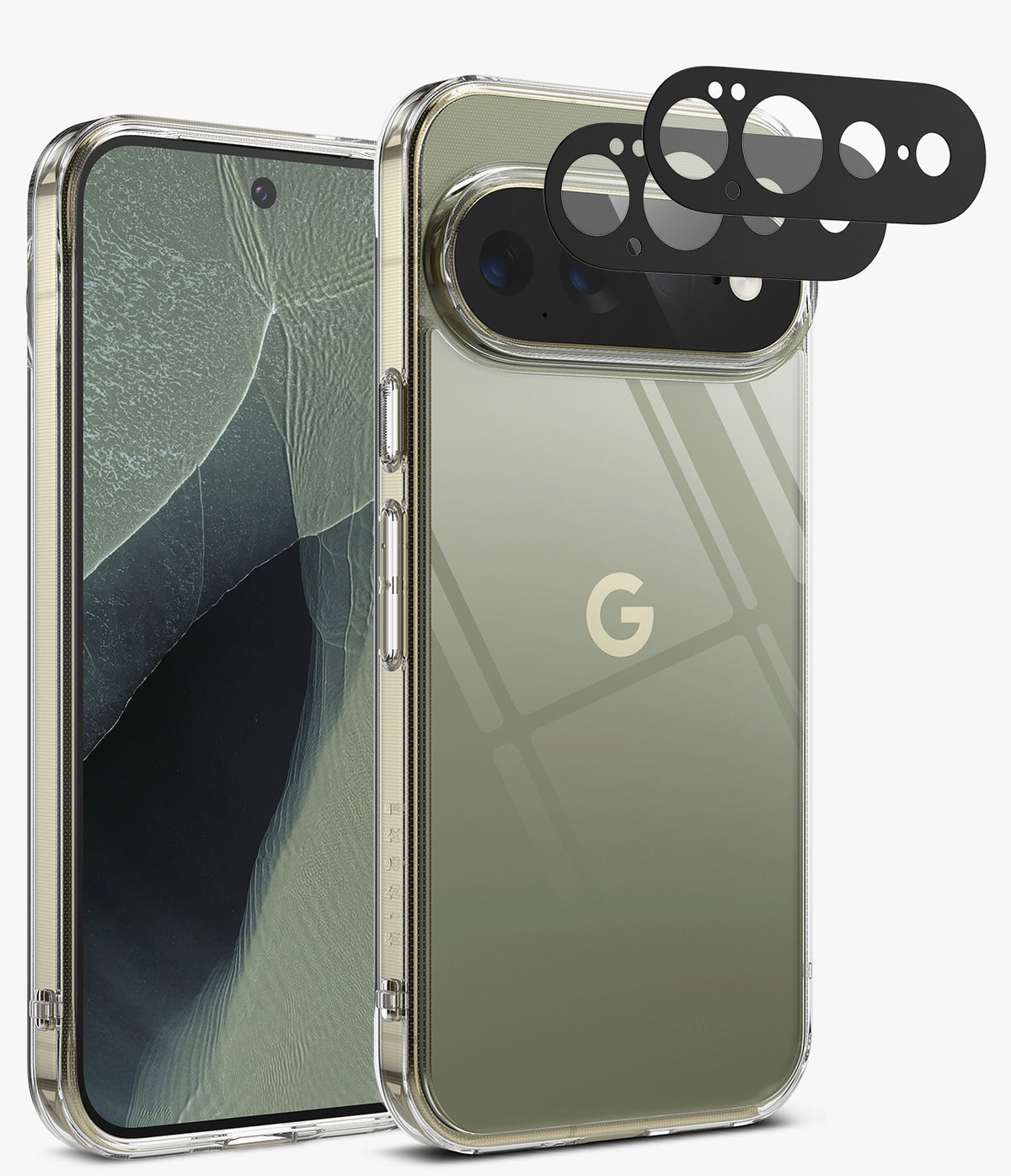 [Bundle] Google Pixel 11 Pro XL | Fusion + Camera Protectors - A clear protective phone case shown on a smartphone, with the back view featuring a metallic olive-green finish and a gold Google 'G' logo. The front view shows the phone inside the case.