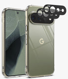 [Bundle] Google Pixel 11 Pro XL | Fusion + Camera Protectors - A clear protective phone case shown on a smartphone, with the back view featuring a metallic olive-green finish and a gold Google 'G' logo. The front view shows the phone inside the case.