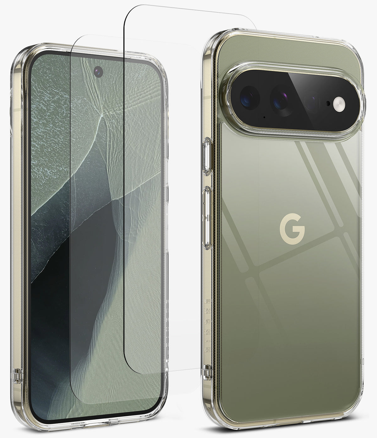 [Bundle] Google Pixel 11 Pro XL | Fusion + Screen Protectors - A clear tempered glass screen protector shown partially detached over a smartphone, alongside the phone back in a transparent case with a visible Google 'G' logo. The phone and case appear olive green, photographed on a clean white background.
