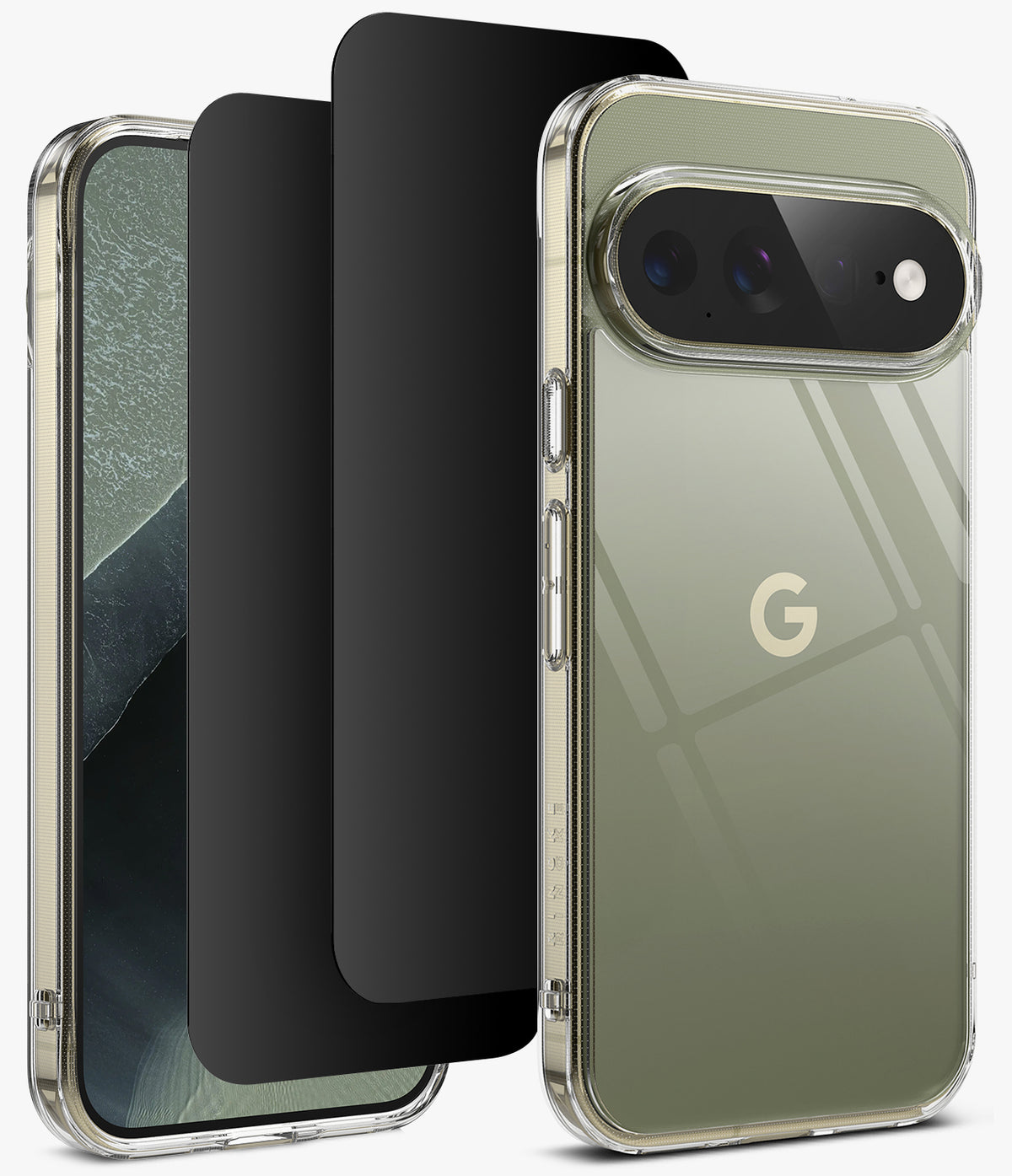 [Bundle] Google Pixel 11 Pro XL | Fusion + Privacy Protectors - A clear protective phone case with a metallic olive-green back panel and a raised camera cutout, shown alongside a black screen protector and a smartphone on a clean white background.