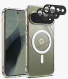 [Bundle] Google Pixel 11 Pro XL | Fusion Magnetic + Camera Protectors - A clear protective phone case shown on a smartphone, with the back view featuring a large white MagSafe-style ring and a gold 'G' logo. A second phone view showing the front is beside it, along with four black camera lens protectors floating above the rear case.