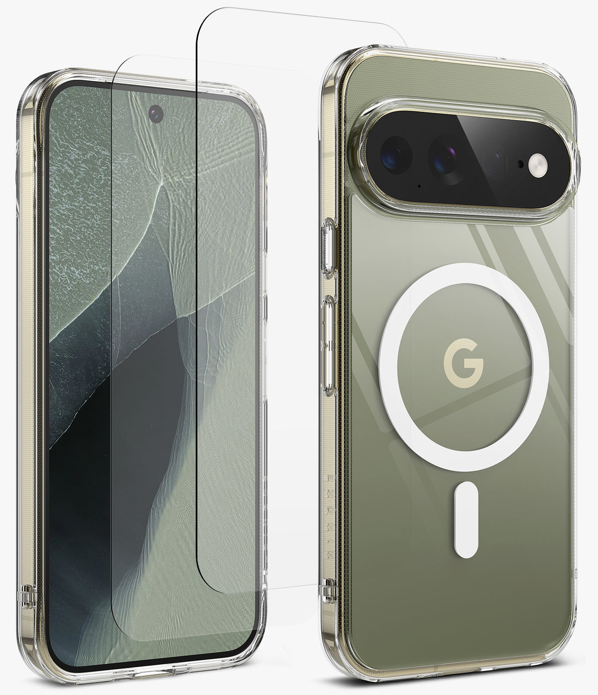 [Bundle] Google Pixel 11 Pro XL | Fusion Magnetic + Screen Protectors - A clear MagSafe-compatible phone case shown on a smartphone from both front and back angles, alongside a matching transparent screen protector. The phone case has a white circular MagSafe ring on the back.