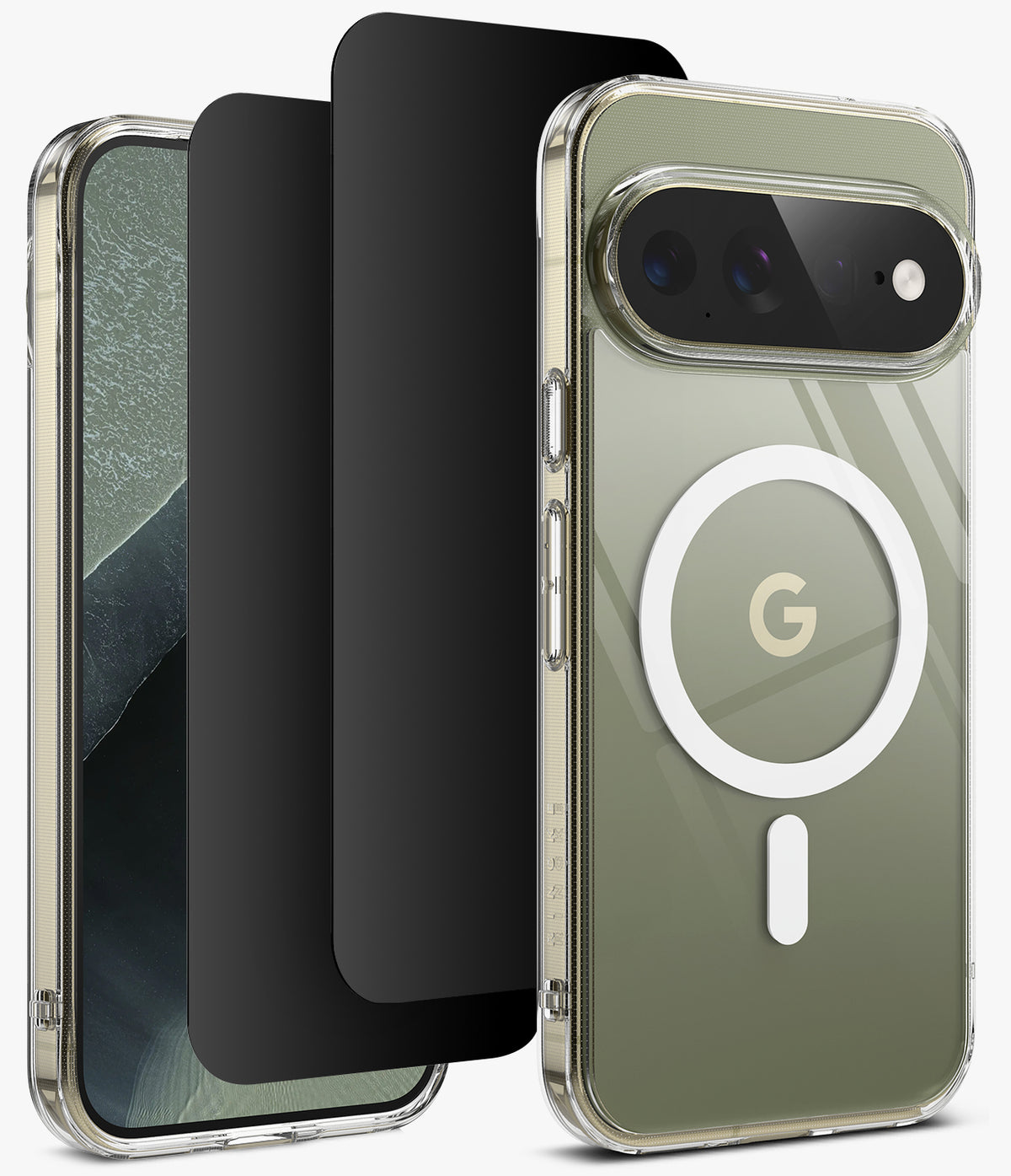 [Bundle] Google Pixel 11 Pro XL | Fusion Magnetic + Privacy Protectors - A clear protective phone case with a white MagSafe ring and a Google 'G' logo on the back, shown on a smartphone. Two black screen protectors are displayed next to it against a clean white background.
