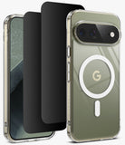 [Bundle] Google Pixel 11 Pro XL | Fusion Magnetic + Privacy Protectors - A clear protective phone case with a white MagSafe ring and a Google 'G' logo on the back, shown on a smartphone. Two black screen protectors are displayed next to it against a clean white background.