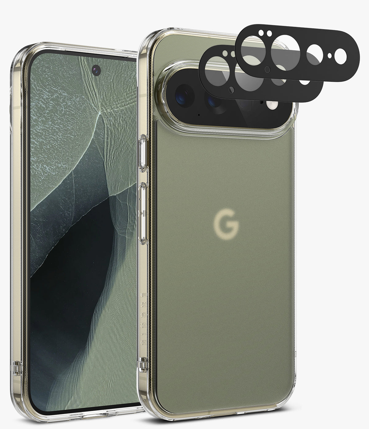 [Bundle] Google Pixel 11 Pro XL | Fusion Matte + Camera Protectors - A clear protective phone case shown on a smartphone from the front and back, with three black circular camera lens protectors floating above the rear camera area. The phone back is a muted sage green with a faint Google 'G' logo visible through the case.