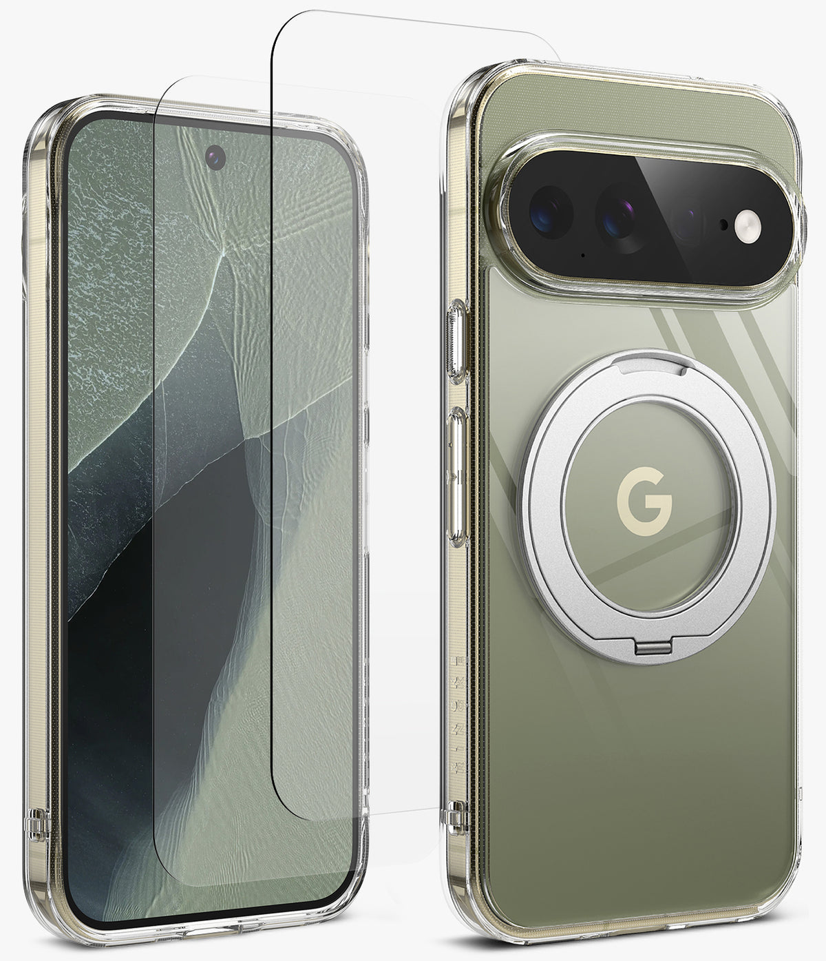 [Bundle] Google Pixel 11 Pro XL | Fusion Ring + Screen Protectors - A clear protective phone case with a built-in metallic MagSafe ring on the back, shown alongside a matching clear screen protector. The phone inside the case has an olive green back panel.
