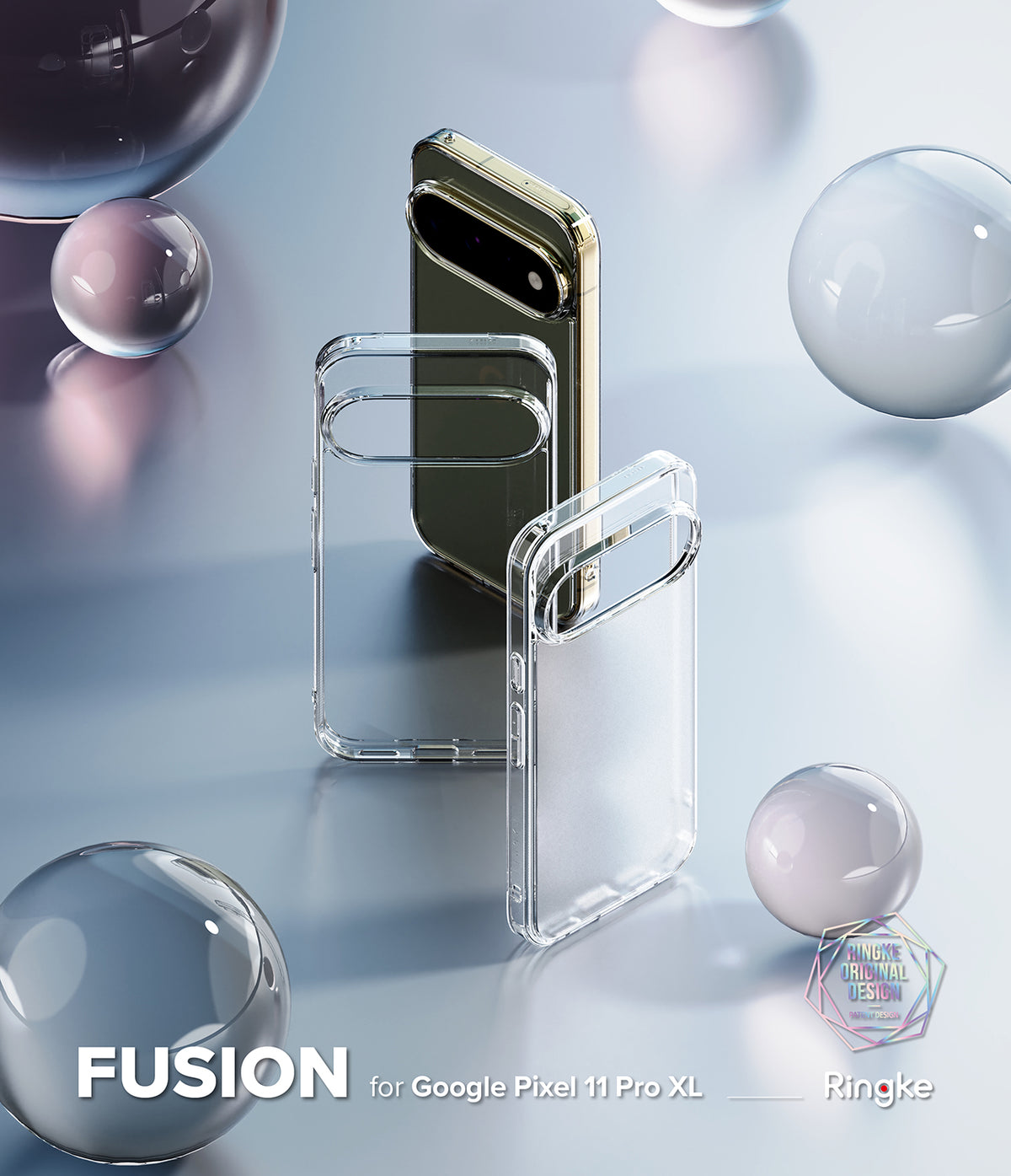 Pixel 11 Pro XL Case | Fusion - Clear protective phone case set shown on a smartphone, with two transparent cases standing upright and one case attached to the phone. The image includes decorative glass spheres and text reading 'FUSION for Google Pixel 11 Pro XL' and 'Ringke'.