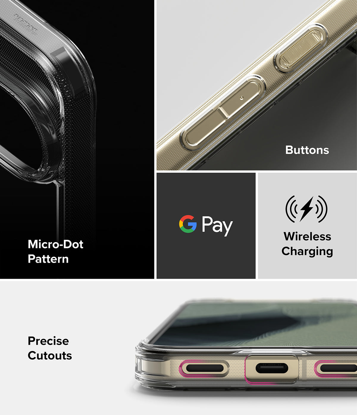 Pixel 11 Pro XL Case | Fusion - A clear protective phone case shown in a multi-panel feature graphic. The collage highlights the case's transparent edges, precise cutouts for buttons and ports, a black micro-dot camera pattern, and compatibility with wireless charging and Google Pay.