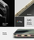 Pixel 11 Pro XL Case | Fusion - A clear protective phone case shown in a multi-panel feature graphic. The collage highlights the case's transparent edges, precise cutouts for buttons and ports, a black micro-dot camera pattern, and compatibility with wireless charging and Google Pay.